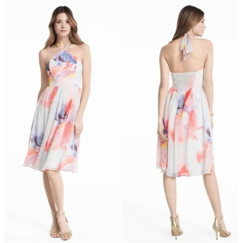 White House Black Market WHBM Chiffon Watercolor Print Halter Dress Womens Sz 10